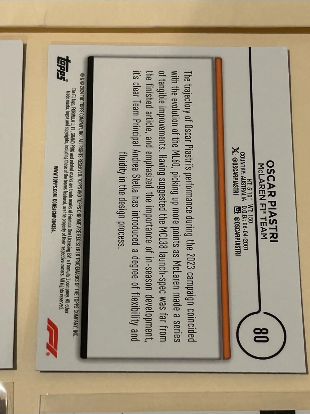 Topps F1 Trading Cards - Lando Norris Oscar Piastri